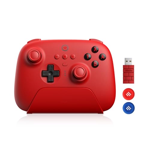 8Bitdo Ultimate Bluetooth y Controlador 2.4g con Base de Carga 22 Horas de Juego, Controlador de Interruptor Inalámbrico Controlador de Juegos Cable USB Gamepad para Switch y Windows (Rojo)