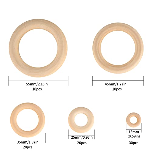 90 Piezas Aros de Madera Natural, Anillos de Madera Sin Acabar para Manualidades, Decoración Hogar, Hacer Joyas, Conector Pendiente - 15mm, 25mm, 35mm, 45mm, 55mm