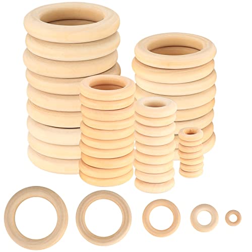 90 Piezas Aros de Madera Natural, Anillos de Madera Sin Acabar para Manualidades, Decoración Hogar, Hacer Joyas, Conector Pendiente - 15mm, 25mm, 35mm, 45mm, 55mm