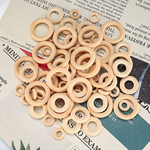 90 Piezas Aros de Madera Natural, Anillos de Madera Sin Acabar para Manualidades, Decoración Hogar, Hacer Joyas, Conector Pendiente - 15mm, 25mm, 35mm, 45mm, 55mm