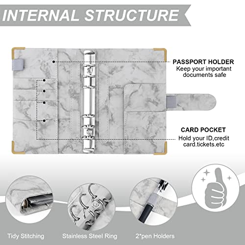 A6 Cuaderno Carpeta con 6 Anillas, Cubierta de Hojas Sueltas de Cuero de PU con 12 bolsas de color transparente con cremallera, Clasificador de presupuesto para Guardar Tarjetas Fotos Facturas (GRIS)