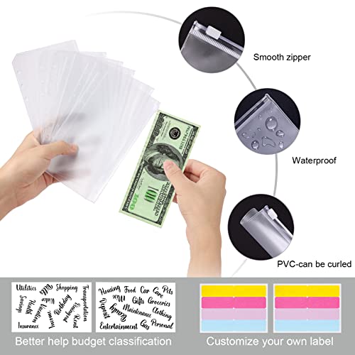 A6 Cuaderno Carpeta con 6 Anillas, Cubierta de Hojas Sueltas de Cuero de PU con 12 bolsas de color transparente con cremallera, Clasificador de presupuesto para Guardar Tarjetas Fotos Facturas (GRIS)