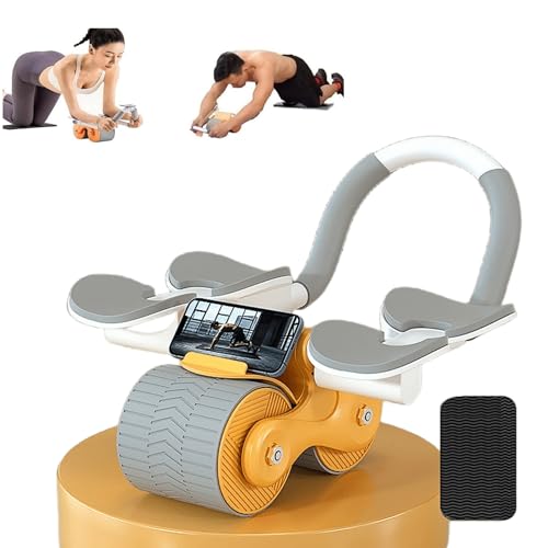 Ab Roller Auto Recoil Abdominal Roller - Rodillo abdominal con 4 coderas y rodilleras, con soporte para teléfono móvil, equipo abdominal para entrenamiento abdominal, color naranja