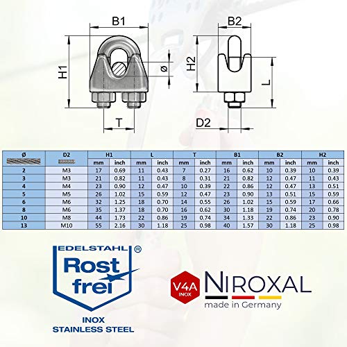 Abrazadera de cable de acero inoxidable de 3 mm, 2 unidades, para cable de 3 mm de diámetro, juego con guardacabos a juego, de acero inoxidable V4A para cable de acero/cable de acero/cuerda