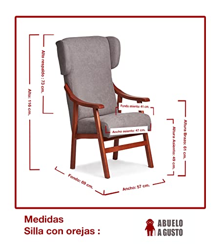 Abuelo a Gusto- Silla con Brazos y Orejas apoya-Cabezas de Madera, con Respaldo Recto y sentada Alta. Tamaño: 57x69x116 cm. (Cerezo, Gris)