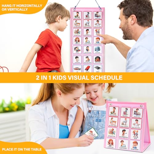 Achort Calendario Visual 96 Tarjetas de tareas para niños pequeños, gráfico planificador para la Actividad Diaria, horario de Aprendizaje Rosa