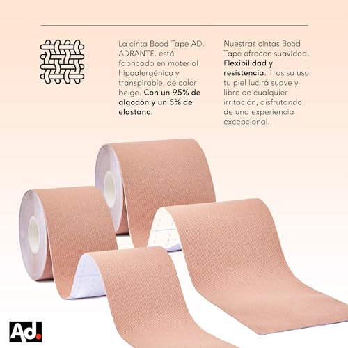 AD. ADRANTE. Cinta Adhesiva Pecho, Boop Tape 5m x 5cm, Levantamiento de Pecho, Sujetador Invisible, Push Up con 5 Par de Cubre pezones Desechables, Cinta Invisible Elástica (7.5cm)