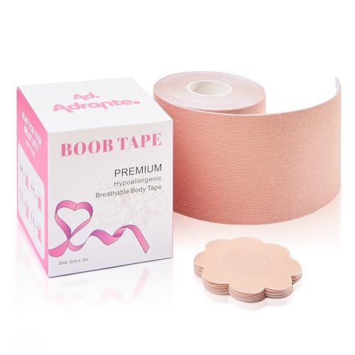 AD. ADRANTE. Cinta Adhesiva Pecho, Boop Tape 5m x 5cm, Levantamiento de Pecho, Sujetador Invisible, Push Up con 5 Par de Cubre pezones Desechables, Cinta Invisible Elástica (7.5cm)