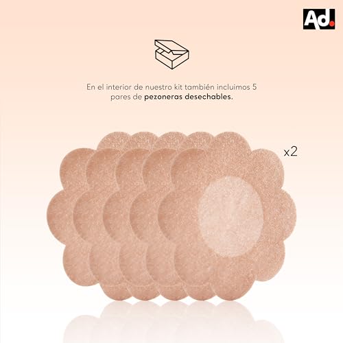 AD. ADRANTE. Cinta Adhesiva Pecho, Boop Tape 5m x 5cm, Levantamiento de Pecho, Sujetador Invisible, Push Up con 5 Par de Cubre pezones Desechables, Cinta Invisible Elástica (7.5cm)