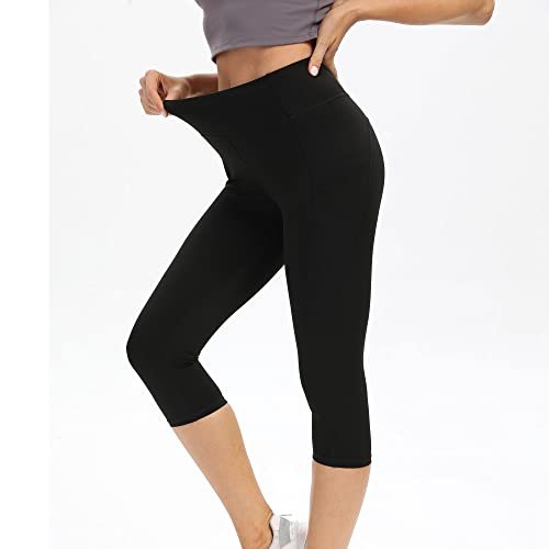 adorence Leggins Capris con Bolsillos (Sensación Desnuda, Suave, Cintura Alta, Opaco) 3/4 Pantalones-Negro,3XL