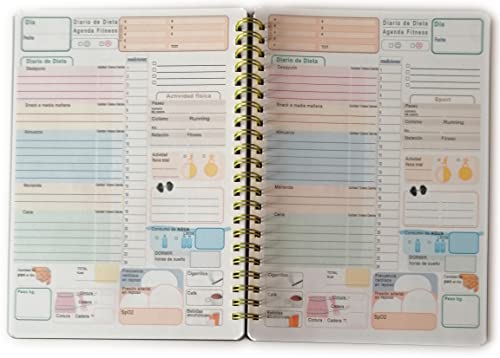 Agenda Dieta Fitness Planner tamaño A5 14,5 x 20,5 cm - 50 hojas (100 días) único diseño con espiral metálica cubierta negra - Español