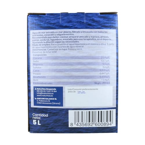 Agua Marina 5 L Naturitas Essentials | Ideal para beber y cocinar | Sin aditivos | Microfiltrada en frío | Agua de la Costa Brava | En contenedor de fibra