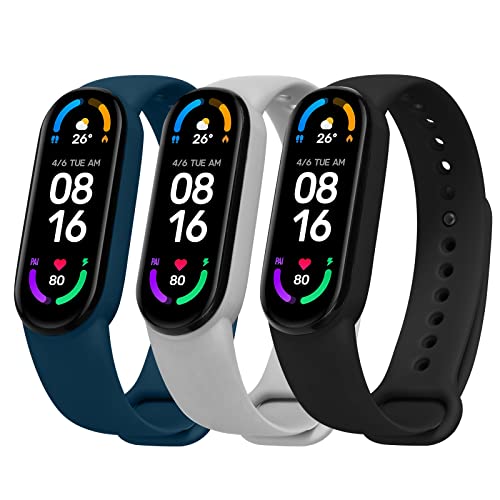 Ainiv Correa Mi Band 6/5, 3 Piezas Compatible con Pulsera Xiaomi Mi Band 5 /Mi Band 6/7, Suave Silicona Correa de Repuesto, Resistente al Sudor (Negro/Gris/Azul Medianoche)