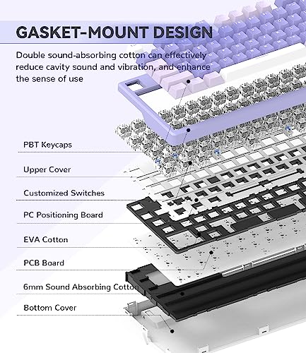 AK873PRO-XINMENG X87 75% Teclado para Juegos, TKL 80% Gasket Mecánico Keyboard Custom Pre-Lubed Switch, LIGHTSYNC Backlit LED, Compacto 87 Teclas PBT Keycap, Cable USB C Espiral para PC/Mac -Púrpura