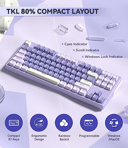 AK873PRO-XINMENG X87 75% Teclado para Juegos, TKL 80% Gasket Mecánico Keyboard Custom Pre-Lubed Switch, LIGHTSYNC Backlit LED, Compacto 87 Teclas PBT Keycap, Cable USB C Espiral para PC/Mac -Púrpura