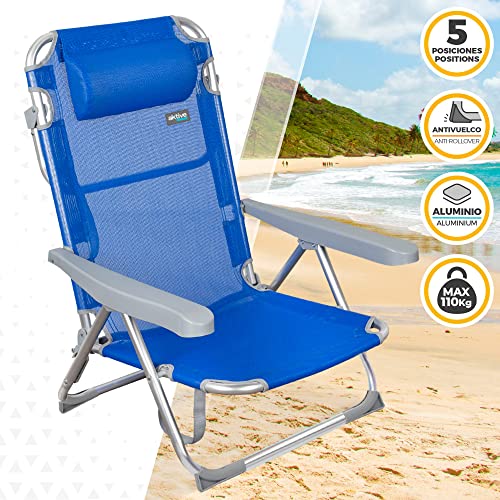 Aktive 62266 - Pack de 2 sillas reclinables para playa, jardín, terraza o camping, Medidas 48x60x90cm, altura 28cm, Ligera, 5 posiciones, , incluye asa de trasporte