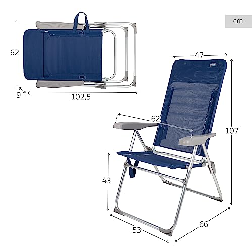 AKTIVE 62662 - Silla de playa plegable reclinable antivuelco, azul marino, 6 posiciones, medidas 66 x 62 x 110 cm, material aluminio, resistente, peso máximo soportado 110 kg