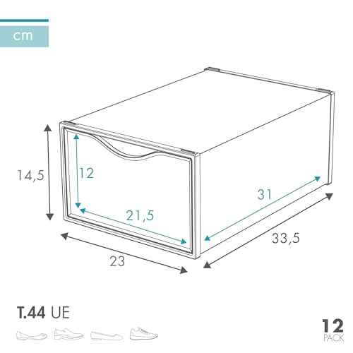 AKTIVE - Cajas de zapatos plástico, Juego de 12 organizadores de almacenamiento, 23x33,5x14,5 cm, Apilable, Antivuelco, Hasta T.44, Transparente, Caja zapatero plástico, (16549)