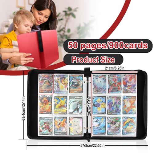 Album Para Cartas 900 Cartas 50 Paginas,Material De Pu Álbum De Para Cartas Coleccionista,Álbum De Recortes Para Tarjetas,Álbum Protector De Cartas Con Cremallera, Apto Para Pokémon,Cartas Deportivas