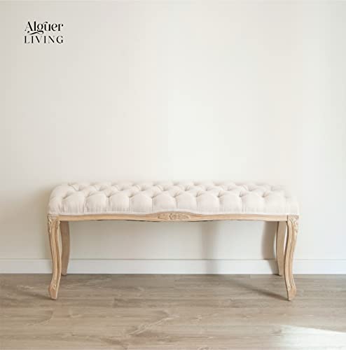 Alguer Living Banco pie de Cama tapizado Beige Sebastian | Estilo Vintage, Barroco, romántico | Terciopelo | Banqueta de Lino para Dormitorio, Entrada, salón