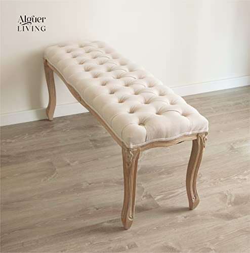 Alguer Living Banco pie de Cama tapizado Beige Sebastian | Estilo Vintage, Barroco, romántico | Terciopelo | Banqueta de Lino para Dormitorio, Entrada, salón