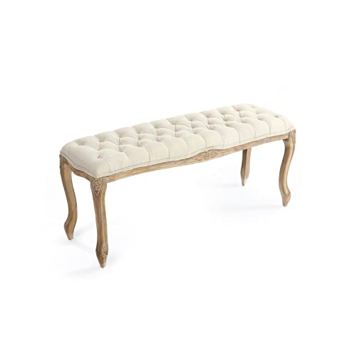 Alguer Living Banco pie de Cama tapizado Beige Sebastian | Estilo Vintage, Barroco, romántico | Terciopelo | Banqueta de Lino para Dormitorio, Entrada, salón