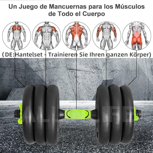 ALLinLIFE 10KG Pesas y Mancuernas Ajustables, con Barra Kit Mancuernas con Agarre Antideslizante, Juego de Mancuernas para Casa