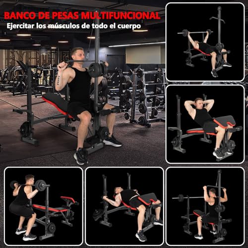 ALLINLIFE Banco Musculación,Banco de Pesas con Altura Ajustable,Banco Abdominales Plegable,Banco de Entrenamiento con Entrenador de Polea Alta Soporte para Barra y Curl de Brazos y Piernas