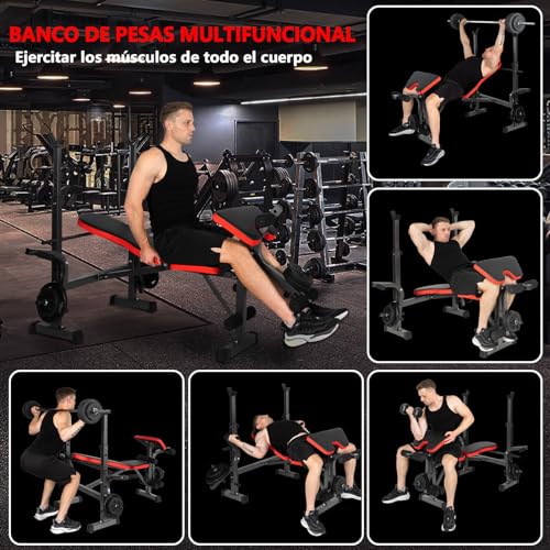 ALLINLIFE Banco Musculación,Banco de Pesas con Altura Ajustable,Banco Abdominales Plegable,Banco de Entrenamiento con Respaldo Ajustable Soporte para Barra y Curl de Brazos y Piernas,Gimnasio en Casa