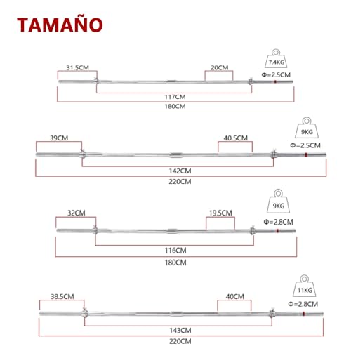 ALLINLIFE Barra de Pesas 220cm, Barra Recta Desmontable 25mm de Diámetro cromado, 2 Tuerca, Acero Resistente, Espuma Antideslizante, Barra de Levantamiento de Pesas, Barra Olímpica en Gym Casa