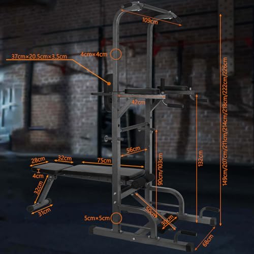 ALLINLIFE Estación de Musculación,Máquina de Musculación Multifuncional,Estación de Dominadas con Banco de musculación Plegable,Torre de Gimnasio con Barra de Flexiones y Dips para Gimnasio en Casa