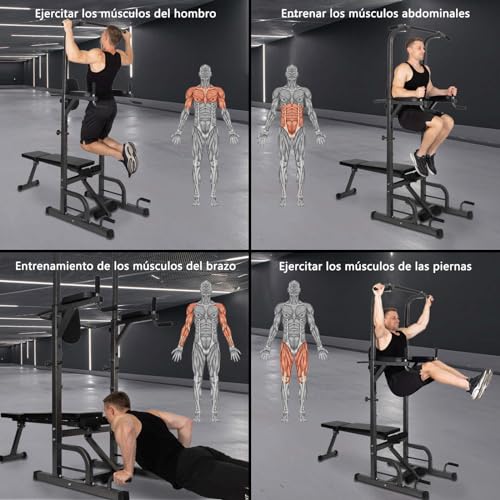 ALLINLIFE Estación de Musculación,Máquina de Musculación Multifuncional,Estación de Dominadas con Banco de musculación Plegable,Torre de Gimnasio con Barra de Flexiones y Dips para Gimnasio en Casa