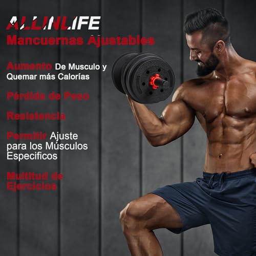 ALLINLIFE Mancuernas 20KG,Pesas y Mancuernas Ajustables, Juego de Mancuernas para Casa,Mancuernas Juego de Pesas con Barra Conexion para Halterofilia