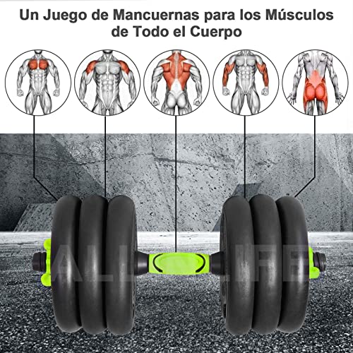 ALLINLIFE Mancuernas Ajustables, 10-15KG Pesas y Mancuernas con Barra Conexion y Agarre Antideslizante, Doble Roscas para Seguridad, Juego de Mancuernas, Pesas Ajustables para Fitness Gimnasio en Casa