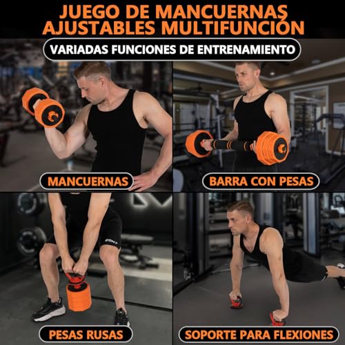 ALLINLIFE Mancuernas Ajustables 40KG,Pesas y Mancuernas con Pesa Rusa,Pesos Poligonales y Barra Recta,Agarre Antideslizante, 4en1 Juego de Pesas Multifunción para Fitness Gimnasio en Casa