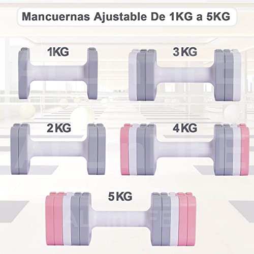 ALLINLIFE Pesas y Mancuernas Ajustables,10KG（2 * 5KG） Mancuernas Fácil de Ajustar, Juego de Pesas,Mancuernas Kits Color Gris, Rosa y Color Mixto, Pesas Ajustable