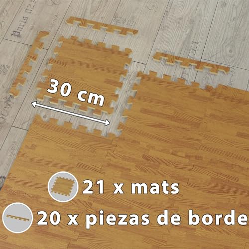 ALPIDEX 1,95 m² Suelo Gimnasio Estera Protección Fitness 21 piezas 30 x 30 x 1 cm EVA Esterilla Puzzle Bordes Incluidos Esteras Protectoras Antideslizantes, Color:Holzoptik