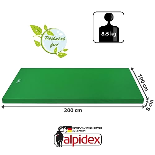 ALPIDEX Colchoneta gimnasia 200 x 100 x 8 cm esterilla deporte con antideslizante, densidad aparente 20 (muy blanda), Color:verde