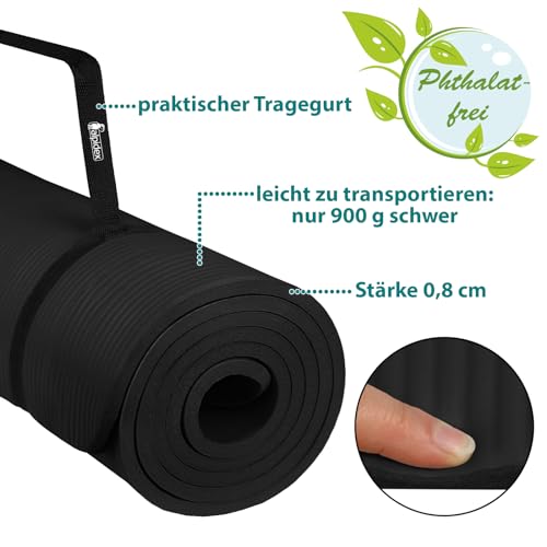 ALPIDEX Esterilla Yoga 183 x 60 x 0.8 cm Colchoneta Pilates Antideslizante Sin Ftalatos Tapete Gymnasia Correa Transporte Alfombra Deporte Fitness Ejercicios Mat Gimnasio Casa, Color:Black