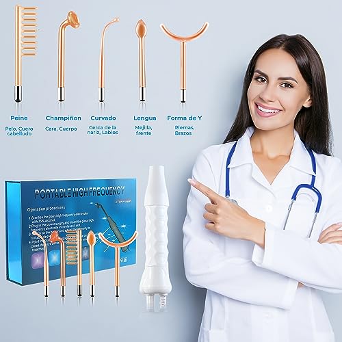 Alta Frecuencia Facial - Máquina Profesional - Elimina Arrugas, Acné y Alopecia - 5 Electrodos - Microdermoabrasión - Luz LED - Microsonic Device - Estimulación - Belleza - High Frequency Wand