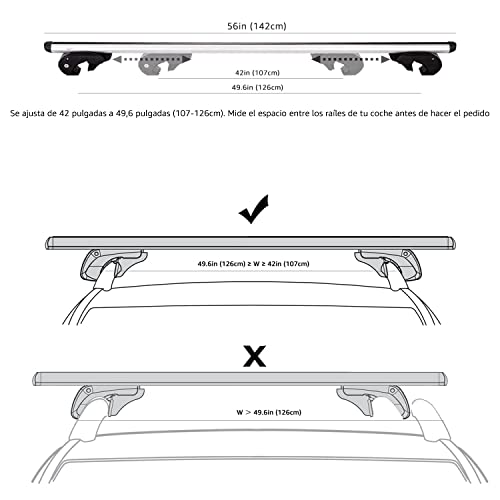 Amazon Basics - Baca de coche, 142,2 cm, de 106,7 a 126 cm, ancho de 2 raíles elevados con espacio sobre el techo, 2 piezas, Aluminio