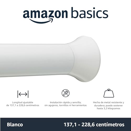 Amazon Basics - Barra de tensión para cortina de ducha o marco de puerta, Blanco, 137 a 229 cm