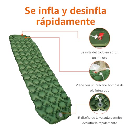 Amazon Basics - Colchoneta inflable para camping, Compacto, ligera, impermeable, con bomba de pie, 5,6 cm de grosor, verde oliva