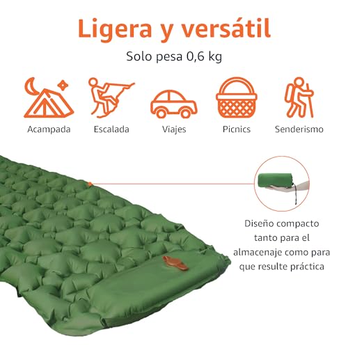 Amazon Basics - Colchoneta inflable para camping, Compacto, ligera, impermeable, con bomba de pie, 5,6 cm de grosor, verde oliva