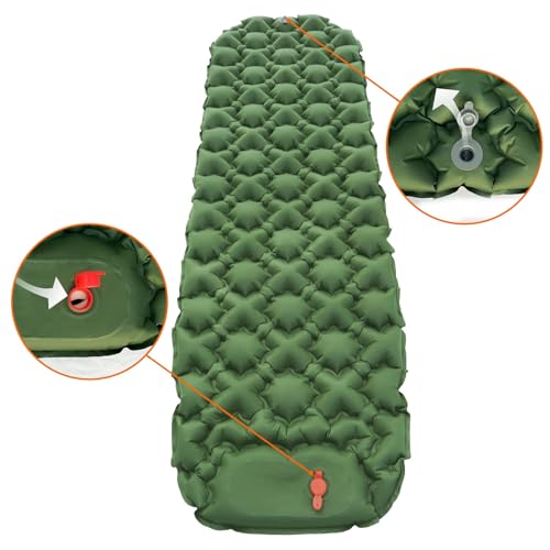 Amazon Basics - Colchoneta inflable para camping, Compacto, ligera, impermeable, con bomba de pie, 5,6 cm de grosor, verde oliva