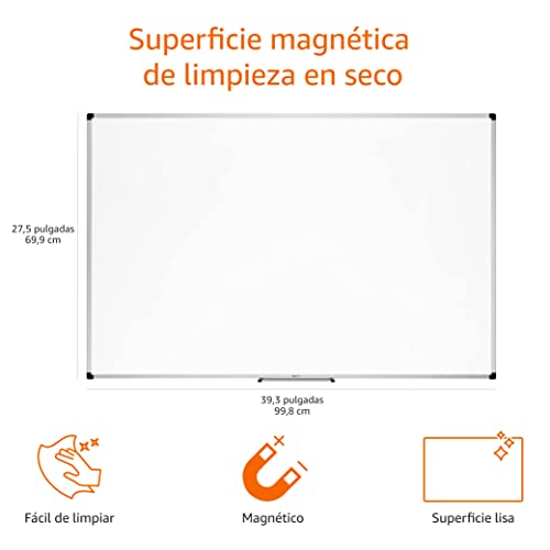 Amazon Basics - Pizarra blanca magnética con bandeja para rotuladores y marco de aluminio, 60 x 90 cm