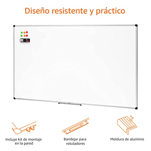 Amazon Basics - Pizarra blanca magnética con bandeja para rotuladores y marco de aluminio, 60 x 90 cm