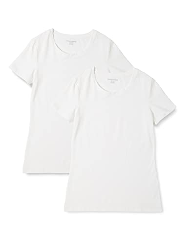 Amazon Essentials Camiseta de Cuello Caja de Manga Corta y Ajuste Clásico Mujer, Pack de 2, Blanco, M