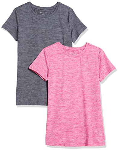 Amazon Essentials Camiseta Técnica Elástica de Manga Corta y Cuello Redondo (Disponible en Tallas Grandes) Mujer, Pack de 2, Frambuesa Teñido Multicolor/Gris Oscuro Teñido Multicolor, L