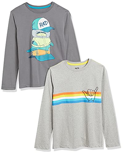 Amazon Essentials Camisetas de Manga Larga (Anteriormente Spotted Zebra) Niño, Pack de 2, Gris/Gris Claro Estampado de Arcoíris, 6-7 años